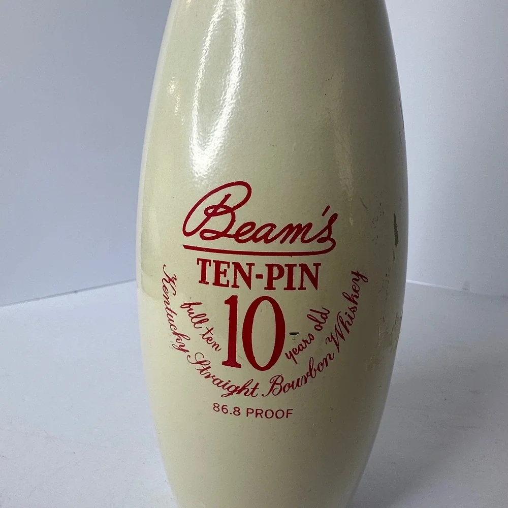 Vintage Jim Beam Ten-Pin Bowling Pin Bourbon Whiskey Decanter Cream Red 10 Year